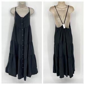 Anemos NEW The Flounce Tiered Button-Down Midi Dress Linen Blend Sz L Black $435